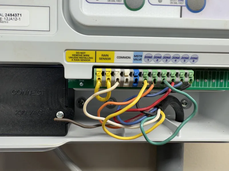 Irrigation controller terminal with rain sensor, common, master valve and zone wires
